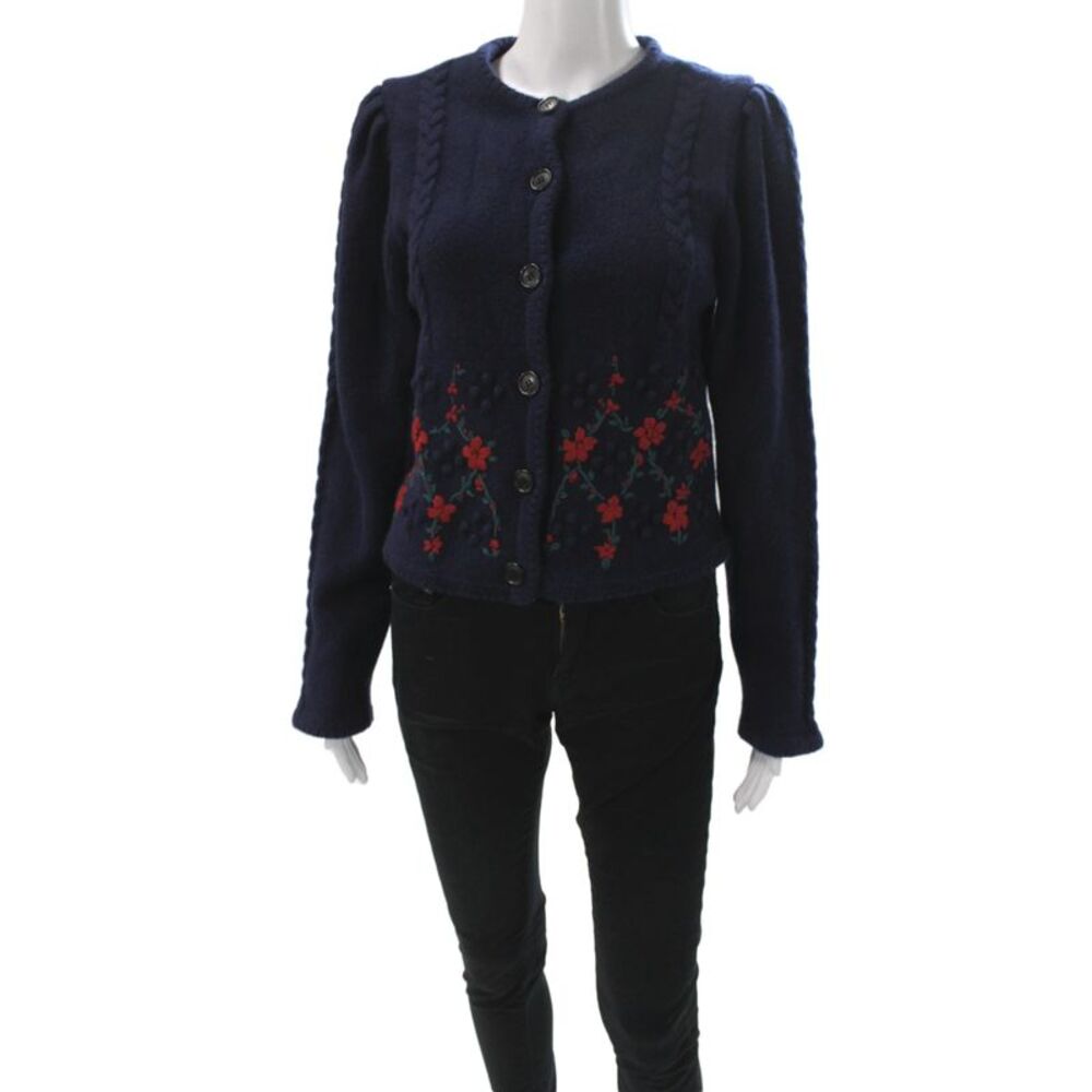 EENK Womens Blue Wool Floral Cardigan Long Sleeve Round Neck Size S